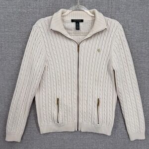 Lauren Ralph Lauren Sweater Cardigan Womens Large White Cable Knit Full Zip
